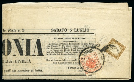 Stamp of Italian States » Lombardy Venetia 1862-63, Segnatasse per Giornali, 2 kr. vermiglio, II tipo, su due giornali completi "L'Armonia", uno annullato con timbro circolare dell'ufficio delle gazzette di Venezia ed in combinazione con Sardegna 1861 10 c. 