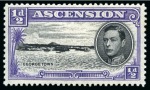Stamp of Ascension » King George VI 1938-53 1/2d Black & Bluish Violet perf.13, two examples showing variety "long centre bar to E" and "torpedo flaw", both mint 