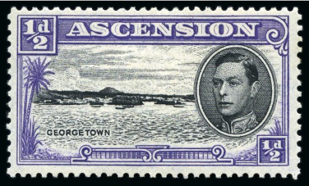 Stamp of Ascension » King George VI 1938-53 1/2d Black & Bluish Violet perf.13, two examples showing variety "long centre bar to E" and "torpedo flaw", both mint 