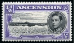 Stamp of Ascension » King George VI 1938-53 1/2d Black & Bluish Violet perf.13, two examples showing variety "long centre bar to E" and "torpedo flaw", both mint 