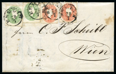 Stamp of Hungary 5Kr rot (2) + 3Kr grün (2) auf Faltbrief entwertet