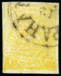 Stamp of Persia » 1868-1879 Nasr ed-Din Shah Lion Issues » 1876 Narrow Spacing (SG 15-19) (Persiphila 13-17) 1876 4kr. yellow, used single, showing PRINTED BOTH SIDES, SIDEWAYS DIRECTION