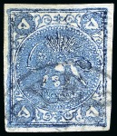 Stamp of Persia » 1868-1879 Nasr ed-Din Shah Lion Issues » 1878-79 Five Kran Stamps (SG 40-43) (Persiphila 30-37) 1878-79 5kr. blue (shades), selection of four used
