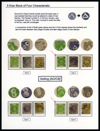 Stamp of Persia » 1868-1879 Nasr ed-Din Shah Lion Issues » 1878-79 Five Kran Stamps (SG 40-43) (Persiphila 30-37) 1878-79 5kr. purple & 5kr. gold, plus 1875 8sh. green,