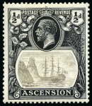 Stamp of Ascension » King George V 1924-33 1/2d Grey-Black & Black pair of varieties with "broken mainmast" and "cleft rock"