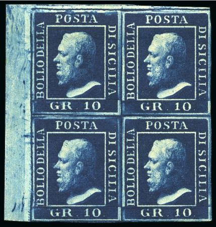 Stamp of Italian States » Sicily 1859, 10 gr. azzurro cupo, blocco di quattro con margine integrale di foglio a sinistra