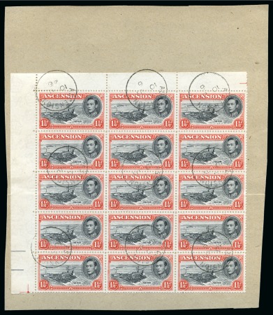 Stamp of Ascension » King George VI 1938-53 1 1/2d Black & Vermilion perf.13 showing variety "Davit flaw" on lower left stamp in top left corner marginal block of 15, used