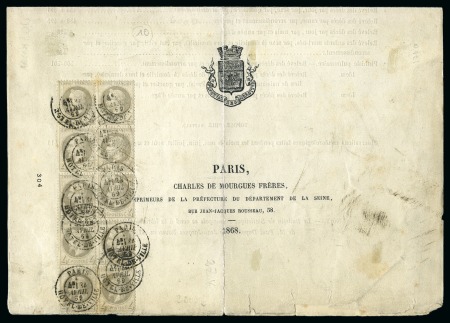 Stamp of France » Empire Lauré 1863-1870 1868, Empire Lauré 4c gris en bloc de 10 sur document