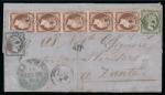 Stamp of Greece » Large Hermes Heads » 1861 Paris print 1 Lep, red brown, vertical strip of five, middle three