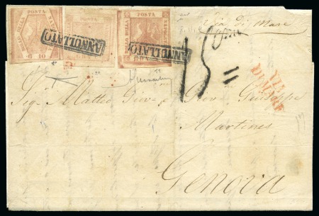 Stamp of Italian States » Naples 1858, 1 gr. rosa chiaro, 5 gr. rosa brunastro e 10 gr. rosa brunastro, obliterati col timbro "Annullato" in cartella di Napoli, su lettera