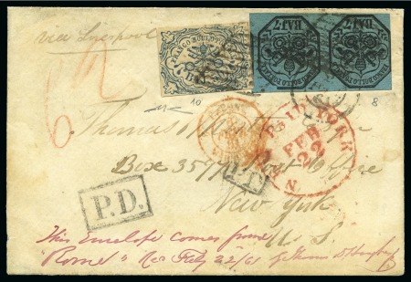 Stamp of Italian States » Papal States 1852, 50 b. azzurro, toccato in basso, e 7 b. azzurro, coppia orizzontale con interspazio di gruppo, annullati a losanga e doppio cerchio in partenza su busta da Roma per Nuova York