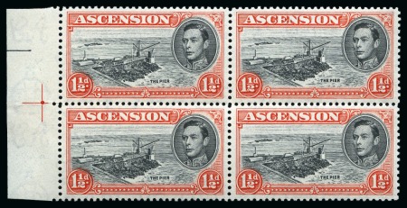 Stamp of Ascension » King George VI 1938-53 1 1/2d Black & Vermilion perf.13 showing variety "Davit flaw" in mint nh left marginal block of four