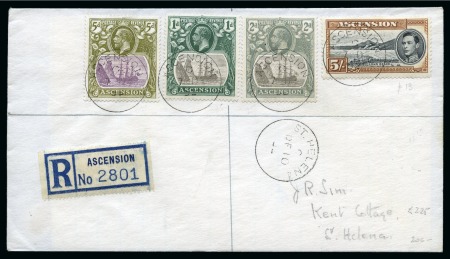 Stamp of Ascension » King George VI 1938-53 5s Black & Yellow-Brown perf.13 on cover sent registered to St. Helena along with 1924-33 1d, 2d & 5d