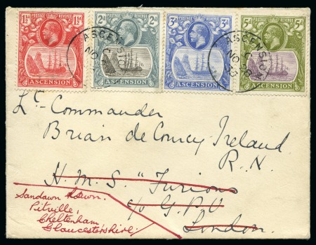 Stamp of Ascension » King George V 1924 1 1/2d, 2d, 3d & 5d on cover sent to a Lt. Commander in the Royal Navy aboard HMS Furious