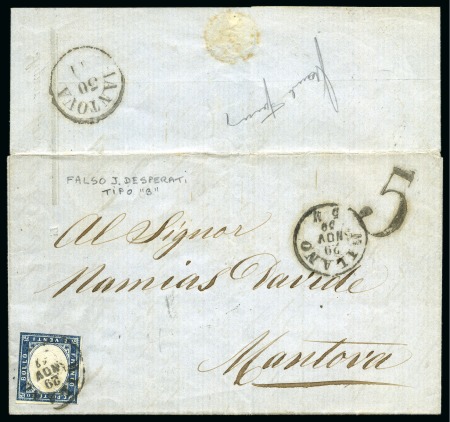 Stamp of Italian States » Sardinia Falso De Sperati. 1855-62, 20 c. azzurro scuro, esemplare con effigie capovolta, falso De Sperati usato su lettera
