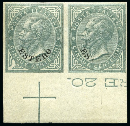 Stamp of Italy » Post Offices Abroad » Levant 1874, 5 c. verde grigio 'ESTERO', prova non dentellata, coppia orizzontale con DOPPIA SOPRASTAMPA, una delle quali in albino oltre a quella del esemplare di destra che risulta parziale in nero 'ES',