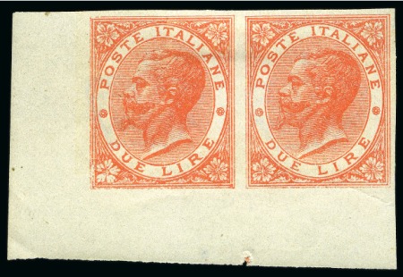 Stamp of Italy » Post Offices Abroad » Levant 1874, 2 l. scarlatto 'ESTERO', prova non dentellata, sovrastampa in albino, coppia angolo di foglio, il primo francobollo con angolo inferiore sinistro modificato solo parzialmente