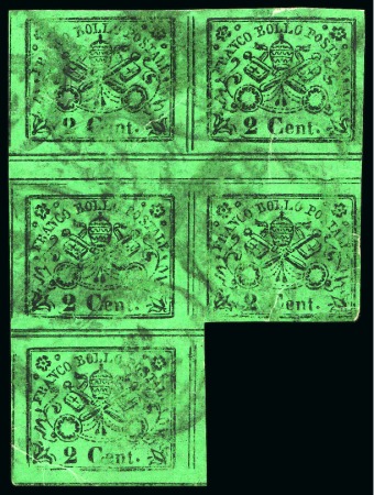 Stamp of Italian States » Papal States 1867, 2 c. verde giallo, blocco di cinque a seggiola con interspazio di gruppo usato