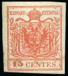 Stamp of Italian States » Lombardy Venetia 1854, 15 c. rosso vermiglio, carta a macchina, III tipo, margini grandi ed assai fresco, piena gomma