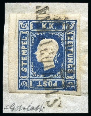 Stamp of Italian States » Lombardy Venetia 1858, Giornali, (1,05 s.) azzurro vivo, su frammento