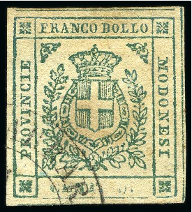 Stamp of Italian States » Modena 1859, 5 c. verde, ben marginato, annullato con doppio cerchio di Massa Carrara, impronta del valore quasi totalmente mancante nel riquadro inferiore