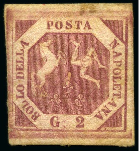 Stamp of Italian States » Naples 1858, 2 gr. carminio, I tavola, ampi margini, nuovo