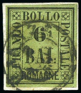 Stamp of Italian States » Romagna 1859, 6 b. verde giallo, margini ampi e bilanciati, su frammento