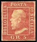 Stamp of Italian States » Sicily 1859, 5 gr. rosa carminio, I tavola, 5 gr. vermiglio chiaro, I tavola, e 5 gr. vermiglio vivo, II tavola, i tre esemplari con buoni margini e nuovi 