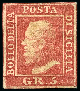 Stamp of Italian States » Sicily 1859, 5 gr. rosa carminio, I tavola, 5 gr. vermiglio chiaro, I tavola, e 5 gr. vermiglio vivo, II tavola, i tre esemplari con buoni margini e nuovi 