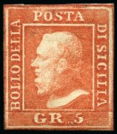 Stamp of Italian States » Sicily 1859, 5 gr. rosa carminio, I tavola, 5 gr. vermiglio chiaro, I tavola, e 5 gr. vermiglio vivo, II tavola, i tre esemplari con buoni margini e nuovi 