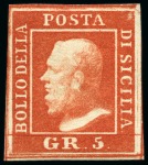 Stamp of Italian States » Sicily 1859, 5 gr. rosa carminio, I tavola, 5 gr. vermiglio chiaro, I tavola, e 5 gr. vermiglio vivo, II tavola, i tre esemplari con buoni margini e nuovi 