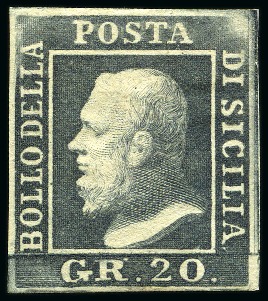 Stamp of Italian States » Sicily 1859, 20 gr. grigio ardesia, margini buoni e bilanciati,