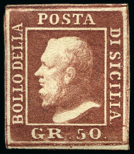 Stamp of Italian States » Sicily 1859, 50 gr. lacca bruno, margini eccezionali, nuovo