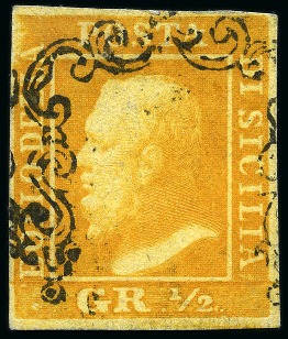 Stamp of Italian States » Sicily 1859, 1/2 gr. arancio, I tavola, carta di Palermo, 