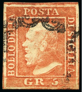 Stamp of Italian States » Sicily 1859, 5 gr. vermiglio chiaro, I tavola, usato