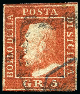 Stamp of Italian States » Sicily 1859, 5 gr. vermiglio vivo, II tavola, buoni margini, usato
