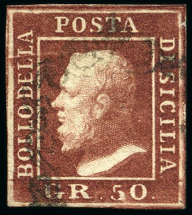 Stamp of Italian States » Sicily 1859, 50 gr. lacca bruno, ampia e regolarmente marginato, usato