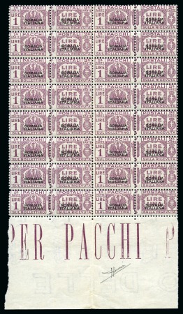 Stamp of Italy » Italian Colonies and Possessions » Somalia 1928-41, Pacchi Postali, 1 l. lilla bruno, blocco verticale di 16 con bordo di foglio 