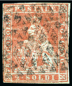 Stamp of Italian States » Tuscany 1851-52, 2 s. scarlatto chiaro su azzurro, usato