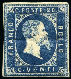 Stamp of Italian States » Sardinia 1851, 20 c. azzurro, prima tiratura, nuovo con gomma