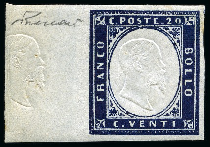 Stamp of Italian States » Sardinia 1862, 20 c. indaco, effigie impressa nel margine, nuovo