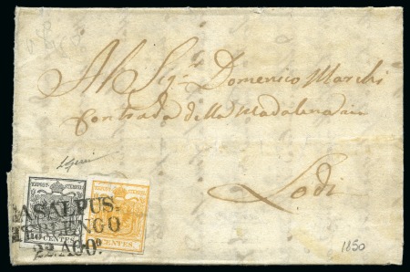 Stamp of Italian States » Lombardy Venetia 1850, 5 c. giallo rancio, prima tiratura, e 10 c. grigio nero, prima tiratura, su lettera da Casalpusterlengo