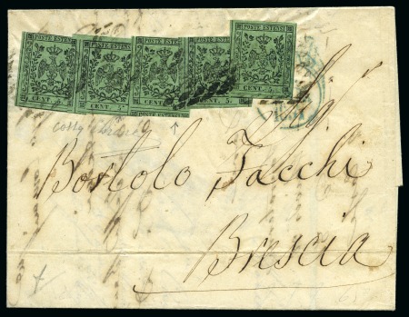 Stamp of Italian States » Modena 1852, 5 c. verde oliva, cinque esemplari, di cui due recanti il punto in alto dopo il "5", su lettera