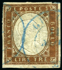 Stamp of Italian States » Sardinia 1861, 3 l. rame vivo, ben marginato, usato con annullo azzurro