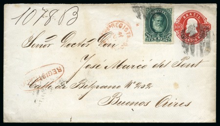 Stamp of Brazil » 1866-83 Dom Pedro 1889 (July 11). Registered 300r red postal stationery envelope from Rio de Janeiro to Buenos Aires, additionally franked with 1878-79 100r
