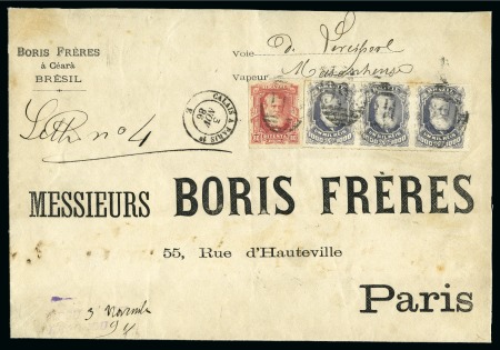 Stamp of Brazil » 1866-83 Dom Pedro 1886 (Oct). Boris Frères cover to Paris carried via Liverpool by the "Maranhense", franked by 1876-77 80r and 1878-79 1,000r strip of three 