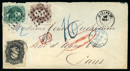 Stamp of Brazil » 1866-83 Dom Pedro 1872 (May 18). Envelope (part of the back missing) to Paris, franked by 1866 20r and 100r tied by dotted square cancel, as well as 200r , insufficiently paid