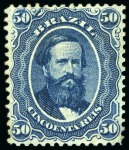 Stamp of Brazil » 1866-83 Dom Pedro 1866, 50r blue, the famous CRACKED PLATE variety in upper left corner, unsued example without gum (tiny thin spot) and horizontal pair 