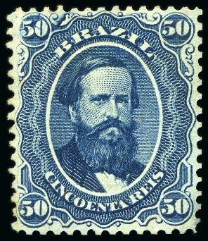 Stamp of Brazil » 1866-83 Dom Pedro 1866, 50r blue, the famous CRACKED PLATE variety in upper left corner, unsued example without gum (tiny thin spot) and horizontal pair 