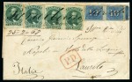 Stamp of Brazil » 1850-66 Upright Figures 1868 (Feb 25). Folded cover form Paraibuna to Laurito,1854 10r blue, pair and single, the latter with the part overlapping the edge missing, and 1866 100r two singles and pair